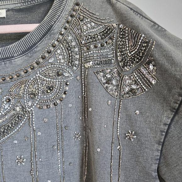 Anthropologie, New Pilcro Embellished Beaded Graphic Gray Sweatshirt SZ Large - Picture 6 of 16